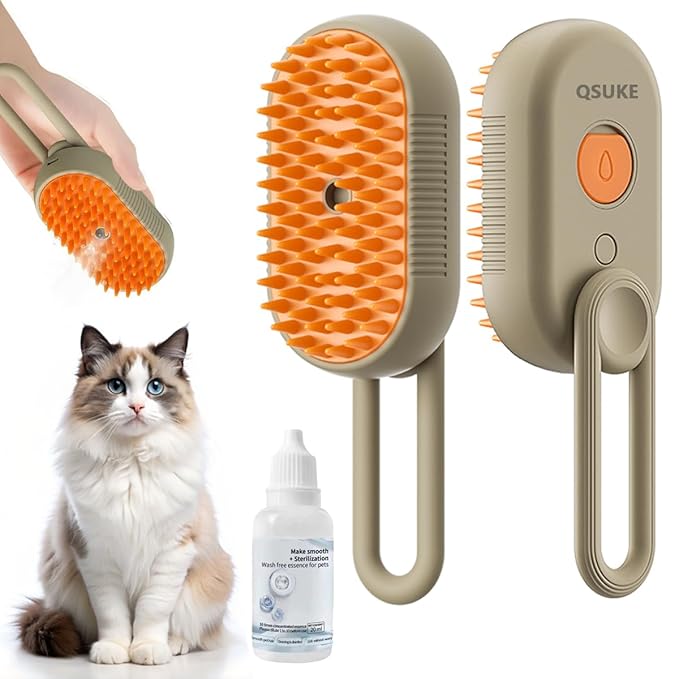 Cat Steam Brush, 3 in 1 Pet Steam Cats Brushes Rechargeable Anti-Static Grooming Brushe, Vibration Massage Cleaning Shedding & Combing Multifunctional Hair Removal Comb for Cats Dog (Khaki)