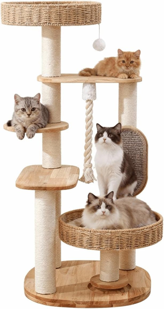Wooden Cat Tree for Large Cat, Tall Cat Tower with Scratching Post for Indoor Cats, Multi-Level Cat Condo with Hand-Woven Cat Bed and Scratching Board Easy to Clean (48IN)