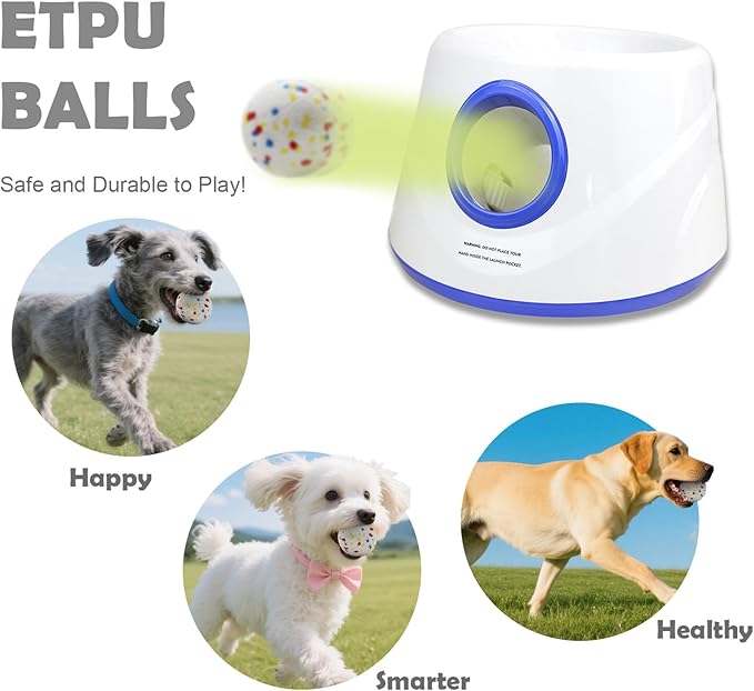 MEKAPLE Automatic Dog Ball Launcher, Upgraded Interactive Dogs Balls Thrower for Small Dogs, Distance Adjustable Mental Stimulating Dog Toys with 4 Durable Etpu Balls 2.2 Inch (Blue)