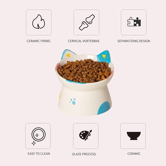 Cute Ceramic Raised Cat Bowls Elevated Design, 15° Tilted FeederProtect Cat's Spine Anti Vomiting Blow for Flat Faced Cats, Kitten Small Dogs,Raise Tilted Cat Food Bowld Pet Dishes(Black)