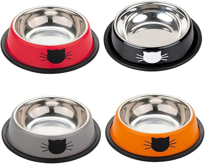 4 Pack Printed Stainless Steel Cat Bowls – 8.1 fl oz Anti-Skid Food & Water Cat Feeding Bowls|Cat Dish for Food and Water Bowl|Cat Feeding Bowl for Kitten (Grey, Red, Orange & Black)