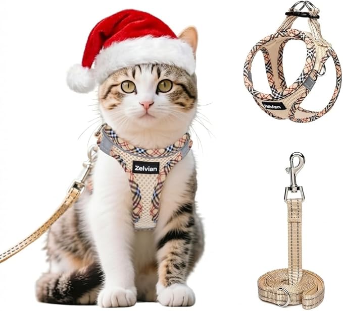 Cat Harness and Leash Set for Walking, Escape Proof Adjustable Soft Mesh Kitten Harness with Reflective Strips, Breathable No-Choke Pet Vest for Small Cats or Puppies(Beige,XS)