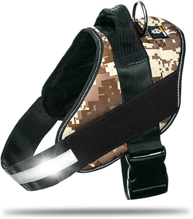 Non Pull Dog Harness with Patch Panels and Handle, Adjustable, Reflective, No Choke, Heavy Duty Easy On Service Dog Vest Harnesses for Medium Large Small Sized Dogs - Military Desert, L