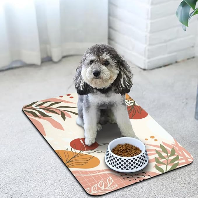Dog Food Mats for Floors Waterproof, Pet Water Bowl Mats Pet Feeding Absorbent Placemats Bohemia Tropical Leaves 24 * 32 inch