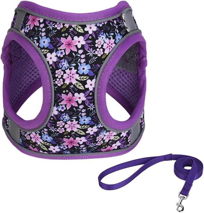 XS Purple Flower Pattern Dog Harness and Leash Set,No Escape Puppy Harnesses for Training Walking，Breathable Adjustable Puppy Vest for Small Medium Dogs, Cats (Purple, XS)
