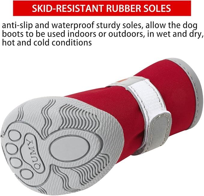 QUMY Dog Shoes for Small Dog, Puppy Dog Boots & Paw Protectors for Winter, Summer Hot Pavement, Waterproof in Rainy Weather, Ourdoor Walking, Indoor Hardfloors Skid-Resistant Soles Red Size 4