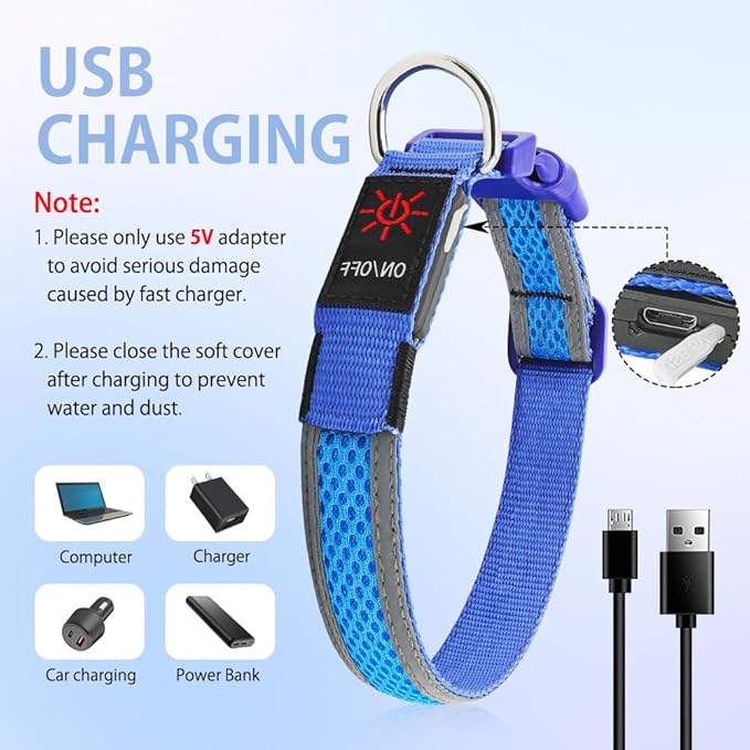 Illumifun LED Dog Collar, USB Rechargeable Light Up Dog Collar, Reflective Sfety Collar Light Glow in The Dark (Medium, Light Blue)