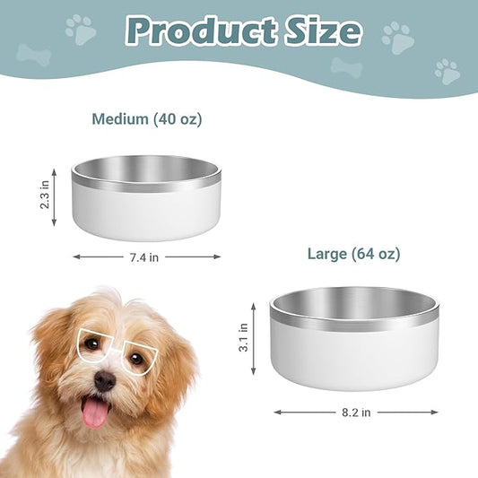 LIANLAI Stainless Steel Dog Bowls, Rust-Resistant Pet Bowls, Non Slip Dog Water Bowl, Versatile Feeding Bowls (White，64 oz)