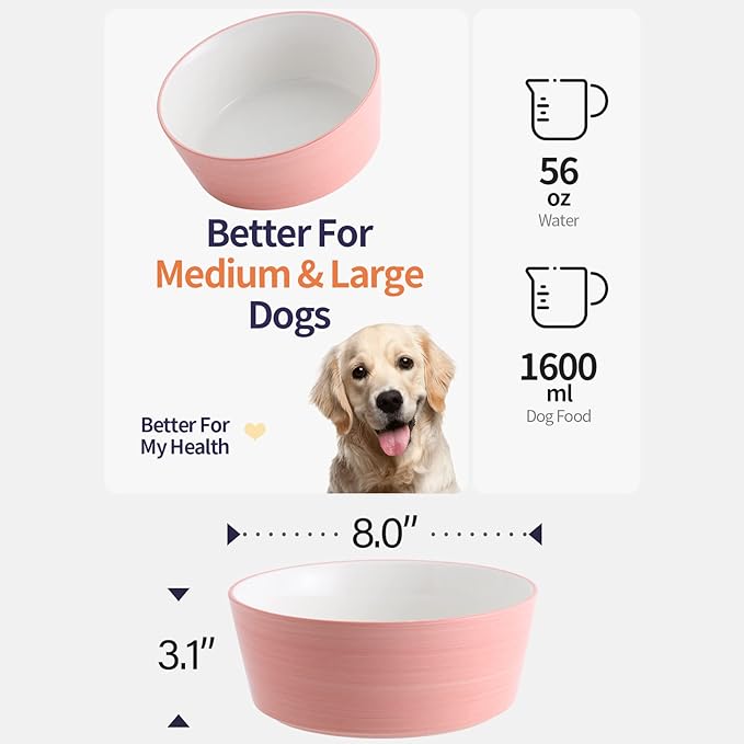Pink Elevated/Raised Dog Bowl Ceramic with Wood Stand for Medium Large Breed,Dog Food Water Dish Heavy Weighted,8 in Non Slip Modern Cute Porcelain Pet Bowl Extra Large Wide Mouth