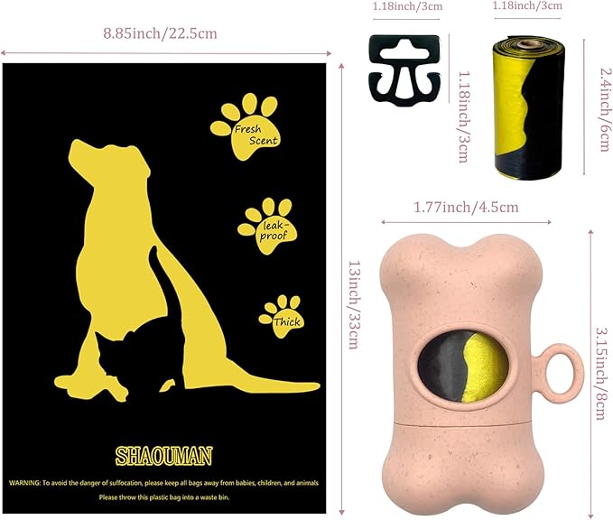 Bone-Shaped Dog Poop Bag Holder for Leash |Dispenser with 30 Leak-Resistant Waste Bags & Carabiner Clip (2 Pack Pink)