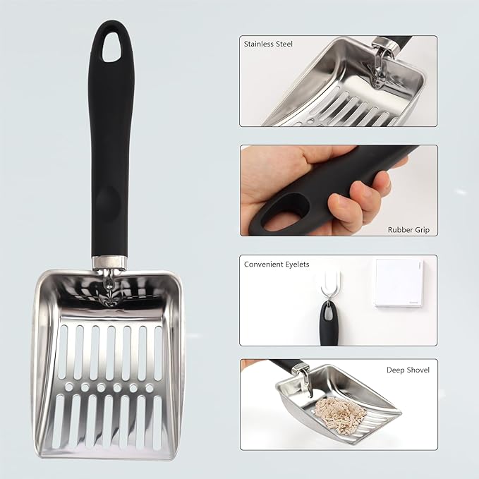 Cat Litter Scoop,Metal Cat Litter Scoop,Stainless Steel cat Litter Scoop with Non-Slip Handle,Poop Sifting,Kitten Pooper Lifter,for Litter Box…