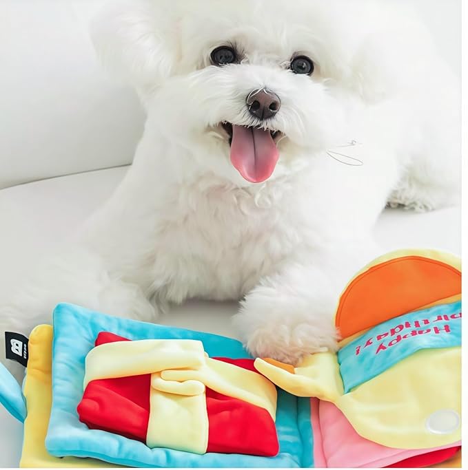 Cute Dog Birthday Toy Squeaky Snuffle Mat for Small Medium Dogs Interactive Plush Book Treat Puzzle for Puppy Crinkle Gifts (Pink)