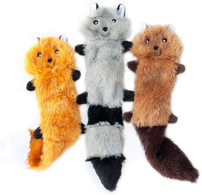 ZippyPaws Skinny Peltz - No Stuffing Dog Toy Pack to Keep Them Busy, for Small and Medium Dogs, Squeaky Pet Toys, Unstuffed Chew Toys, Soft Plush Variety Pack, Fox, Raccoon, and Squirrel - 11"