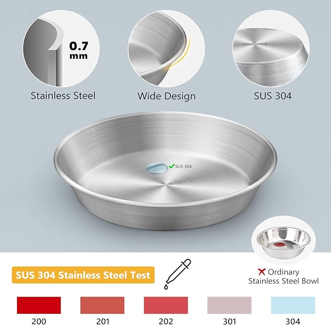Petdream 6-Pack Stainless Steel Cat Food Bowls, Shallow Whisker-Friendly Non-Slip Silicone Base Metal Dishes, Easy to Clean Indoor Water Flat Plates for Cat, Kitten, Small Dog (5.9")