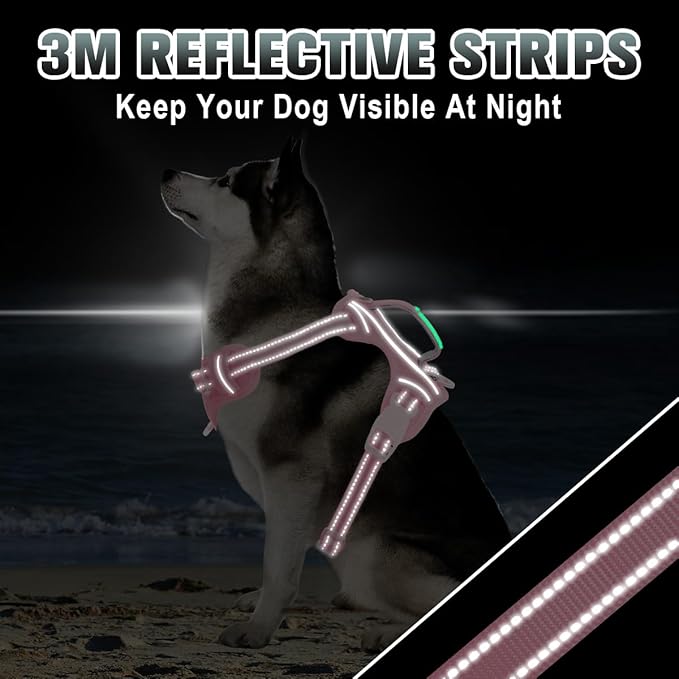 BARKBAY No Pull Dog Harness Large Reflective Dog Harness with Front Clip and Easy Control Handle for Walking Training Running with ID tag Pocket(Baby Pink,M)