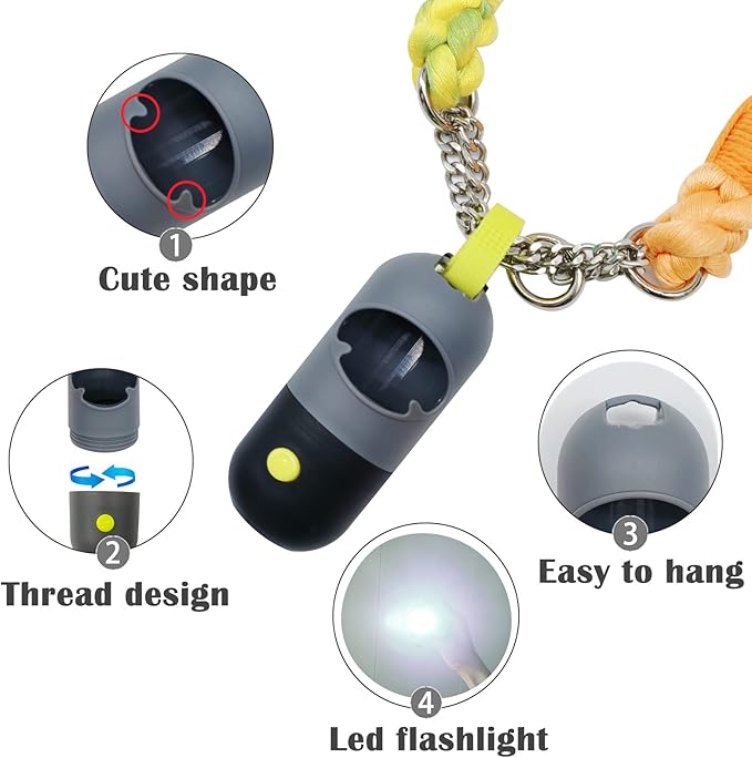 Dog Poop Bag Holder with 7 Rolls of Green Dog Waste Bags Poop Bag Holder with Rechargable Battery and USB Cable Poop Bag Dispenser with LED Flashlight (Grey)