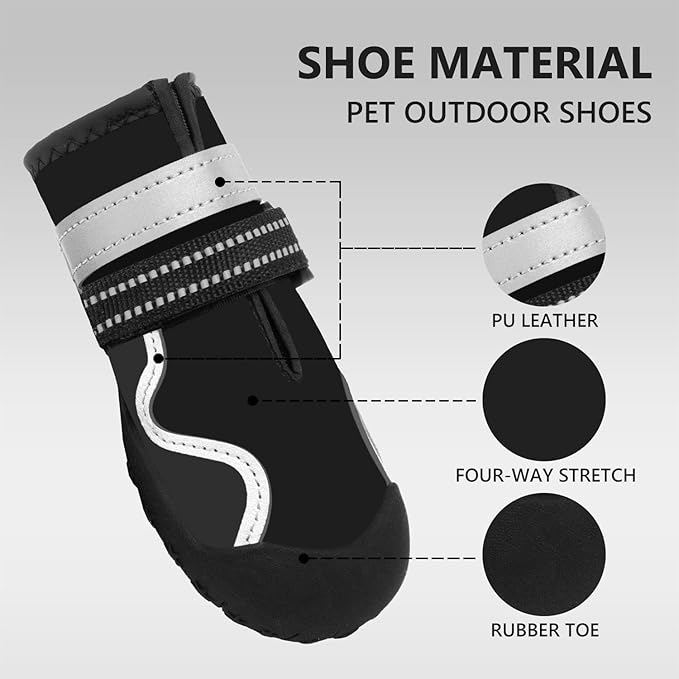 Dog Shoes Small Medium Large Size Dogs, Puppy Booties Paw Protector for Hot Pavement, Non-Slip Waterproof Rubber Reflective Strapped Boots (Black, Size 4#: (2.6 * 2.2) (L*W) for 31-40lbs)