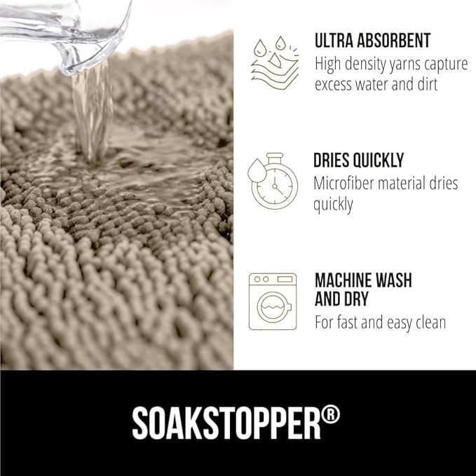 GORILLA GRIP SOAKSTOPPER Dog Door Mat, 70x24 Machine Washable Rug Absorbent Doormat Captures Moisture Mud Dirt, Quick Dry Soft Chenille Entryway Rugs Indoor Entrance Mats for Dog Paws, Beige