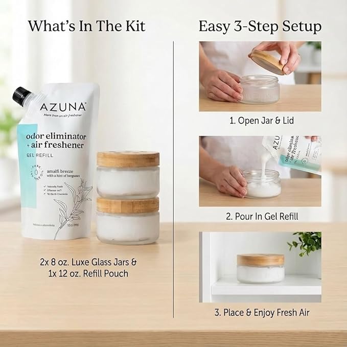 Azuna Air Freshener & Odor Eliminator for Strong Odor | 2 Room Kit Includes (2) 8 oz. Empty Luxe Glass Jars & 12 oz | Refill with Tea Tree Essential Oil Gel | Amalfi Breeze | Last 60-90 Days