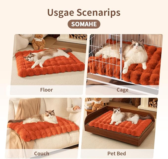 Cat Beds for Indoor Cats Faux Fur Pet Mat Cute Kitten Plush Bed with Non-Slip Bottom for Carriers/Couch Dog & Puppy Friendly 27 x 20 Inch Large Orange
