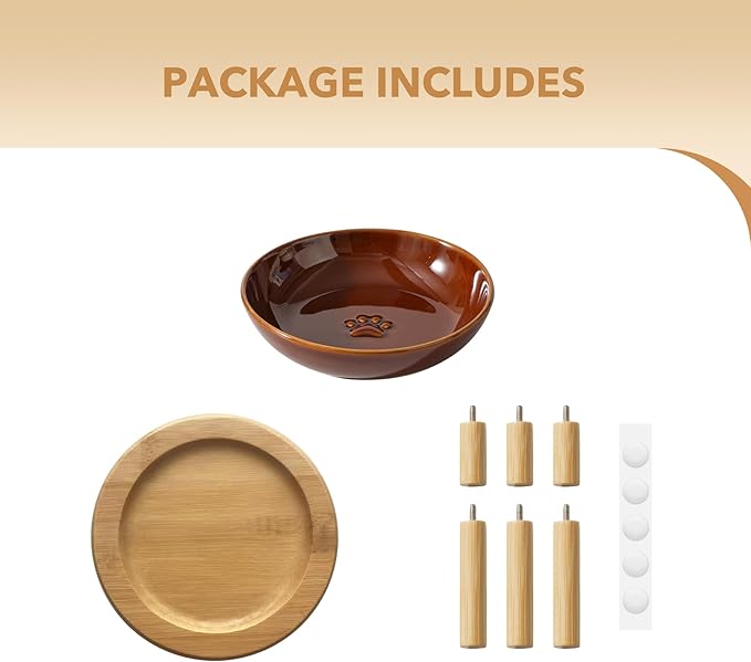 Elevated Ceramic Cat Dish with Paw Print, Wide Whisker Friendly Anti-Slip Food & Water Bowl with 2 Heights Adjustable Stand - Pet Bowl Set for Cats (1 Dish + 1 Stand, Caramel Brown)
