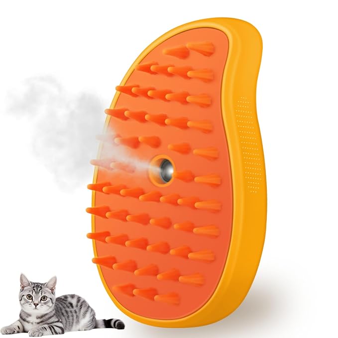 Cat Steam Brush, 3 in 1 Dog Steamy Brush Cleanser, Silicone Massage Grooming Comb, Pet Hair Cleaning Misting Comb for Cats Dogs(Mango Yellow)