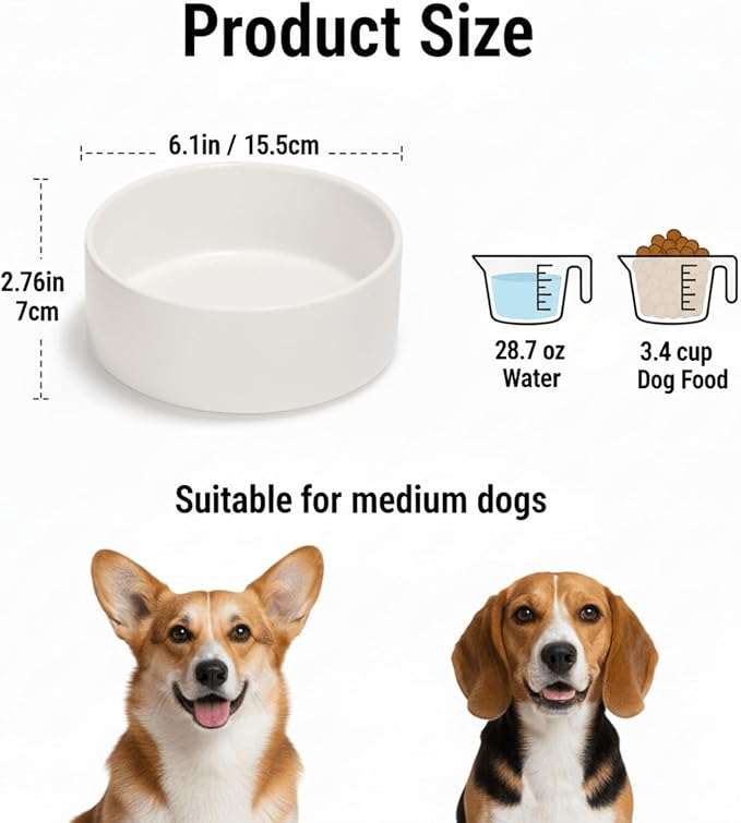 XPEQIRAY Ceramic Dog and Cat Bowl Modern Cute Weighted Food and Water Bowl Matte Glaze Pet Bowl for Replacement (White, 28.7 OZ)