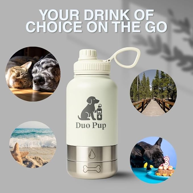 DuoPup 32oz Insulated Stainless Steel Pet Water & Food Bottle – Portable Leak-Resistant Dispenser with Two Detachable Bowls & Carrying Strap – Travel, Hiking & Outdoor Pet Hydration – Black