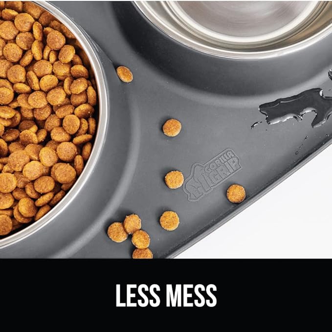 GORILLA GRIP Feeding Mat Set, Patent Pending 100% Waterproof BPA Free Silicone, Stainless Steel Cat and Dog Bowls, Slip Resistant, High Edges Catch Water Food, US Designed Pet Accessories, 1 Cup Gray