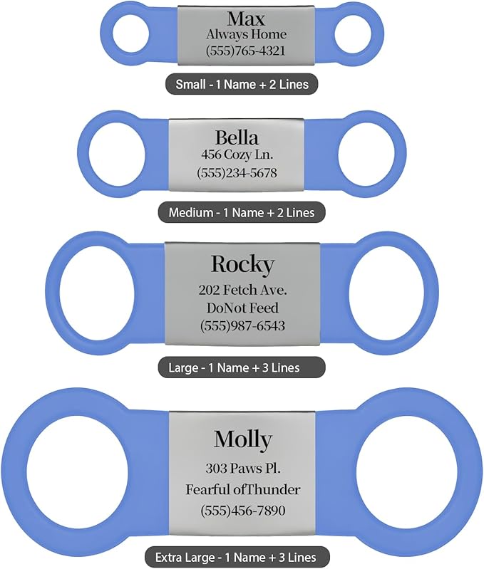 Silent Pet ID Tag - Personalized Engraved Slide-On Dog & Cat Name Tags, Quiet No-Jingle Stainless Steel Collar Tag with Laser Engraving (Metal Silvery+Blue, XL(for 0.98" Wide Collar))