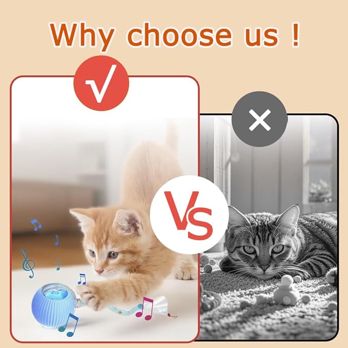1PC Interactive Cat Toys for Indoor Cats,2025 New Generation Interactive Cat Ball Toy with Elastic Mesh Tail,Automatic Cat/Kitten Toys with Chirping & Motion Activate,Cat Toys for Bored Indoor,Gray