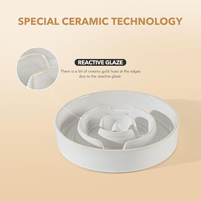 Ceramic 1.2 Cup Raised Slow Feeder Dog Bowl Set, Elevated 6.1inch Bowl and 7.3inch Dish with Acacia Wood Stand for Small and Medium Dog(2 x Reactived Glaze -White+ Stand)