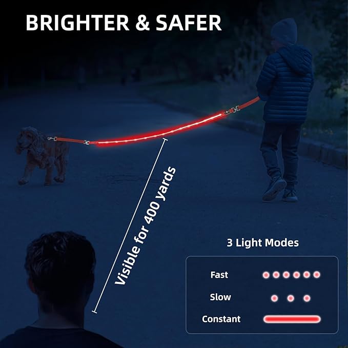 PetIsay Light up Dog Leash for Night Walking - USB C Rechargeable - Waterproof - Dog Leashes with Flashlight - LED Leash for Dogs - 6Ft, Pink