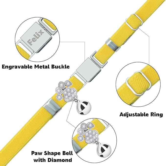 Personalized Safety Elastic Cat Collars with Bell,Laser Customized Stretch Kitten Collars for Girls Boys Cats-Yellow