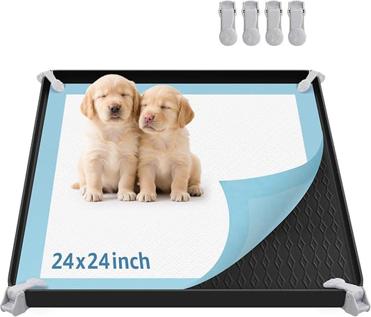 LOOBANI Dog Pee Pad Holder - Non-Slip Silicone Dog Potty Tray with 4 Clamps, High Edge Puppy Pad Holder Tray for Indoor Outdoor Potty Training, Fits to 24" x 24" Square Pads, Black