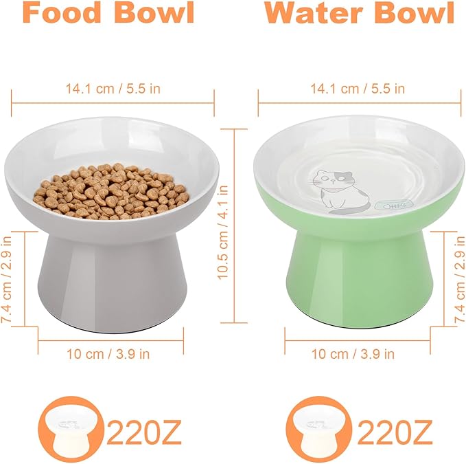 Elevated Cat Bowls,2 Pcs Ceramic Raised Cat Food Bowls with Non-Slip Base,Whisker-Friendly Shallow Design,Lead & Cadmium Free Pet Feeder,Dishwasher and Microwave Safe (Green&Light-Grey)