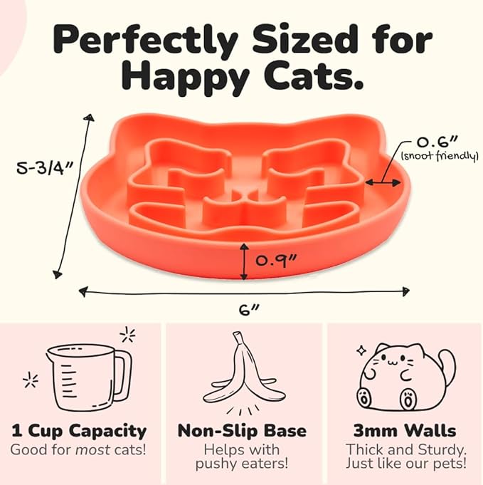 Snuggli Slow Feeder Cat Bowl | Cat Puzzle Feeder for Slow Eating, Mental Enrichment, Digestion, & Bloat Relief | Non-Slip Silicone, Dishwasher Safe, 1 Cup (Coral)