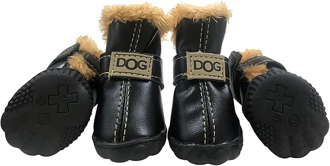 Winter Dog Boots & Paw Protectors: Outdoor Anti-Slip Dog Snow Shoes, Dog Booties Provide Warmth to Dogs Paws from Ice and Snow, Rubber Sole PU Leather Upper Faux Fleece-Lined, Black Dog Shoes Size 3