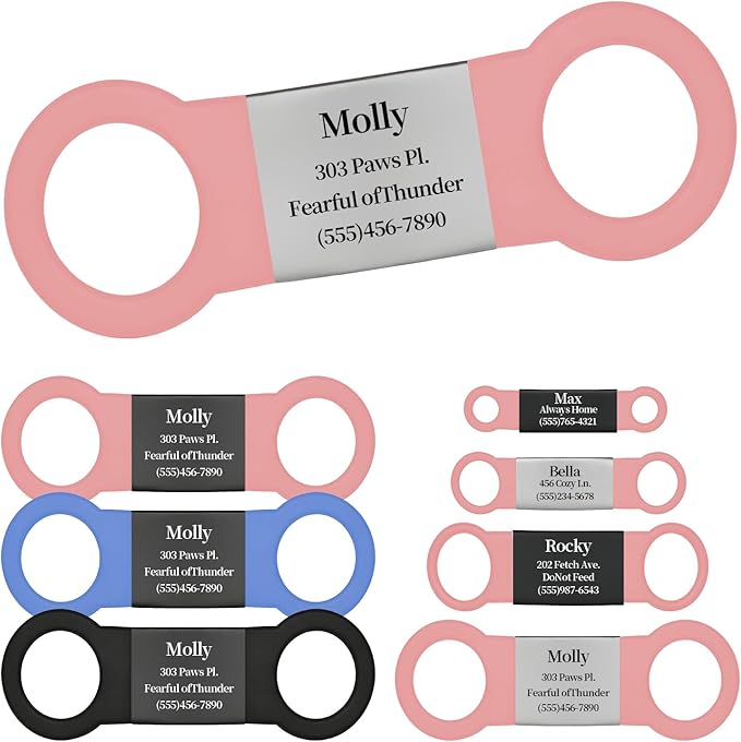 Silent Pet ID Tag - Personalized Engraved Slide-On Dog & Cat Name Tags, Quiet No-Jingle Stainless Steel Collar Tag with Laser Engraving (Metal Silvery+Pink, XL(for 0.98" Wide Collar))