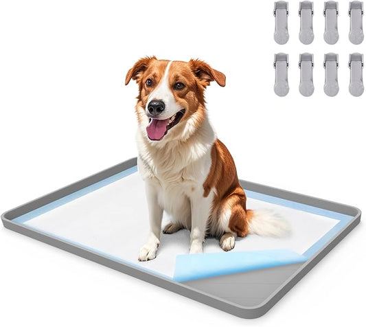 Pee Pad Holder for Dog, 22" × 34" Puppy Pad Holder with Clamps, Raised Edges Leak-Proof Dog Pee Pads Holders, Waterproof Silicone Potty Pads for Dogs, Easy to Clean Indoor, Light Gray