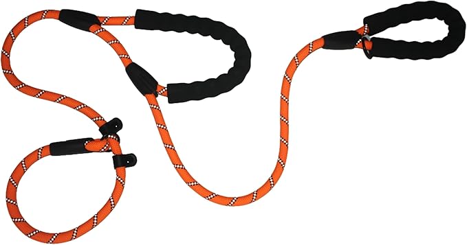 PET-ELF 1/2” x 4.9 ft Adjustable Slip Lead for Medium to Giant Dogs, No Pull Outdoor Training Leash, Tactical, Durable Nylon Rope, Reflective Material, Traffic Handles, Orange,1 Pack