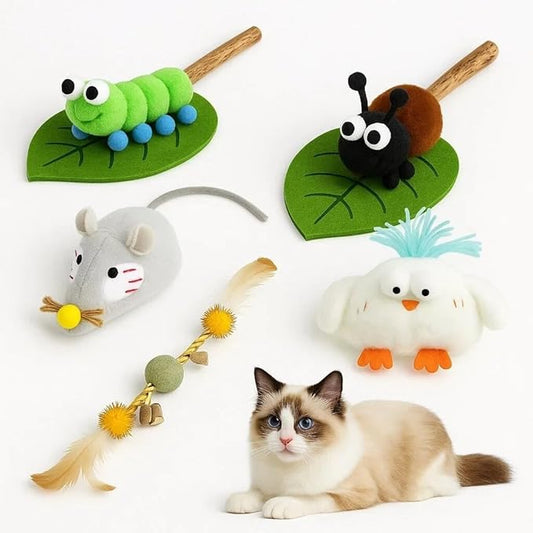 5 Pcs Catnip Toys for Cats, Natural Silvervine Sticks & Interactive Squeaky Plush Toys, 100% Organic Catnip Dental Chew Toys for Kitten Teething & Boredom Relief, Cute Cartoon Enrichment Set