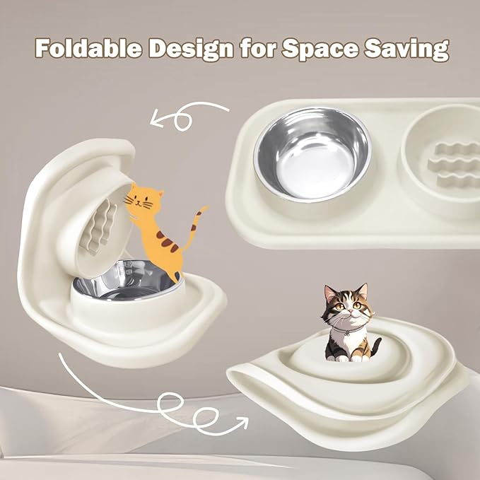 Gentledog Waterproof Silicone Cat Food Bowls, Stainless Steel & Silicone Slow Feeder Double Bowls, Non-Skid & Non-Spill Raised Edge, Food and Water Feeder for Cat and Puppy