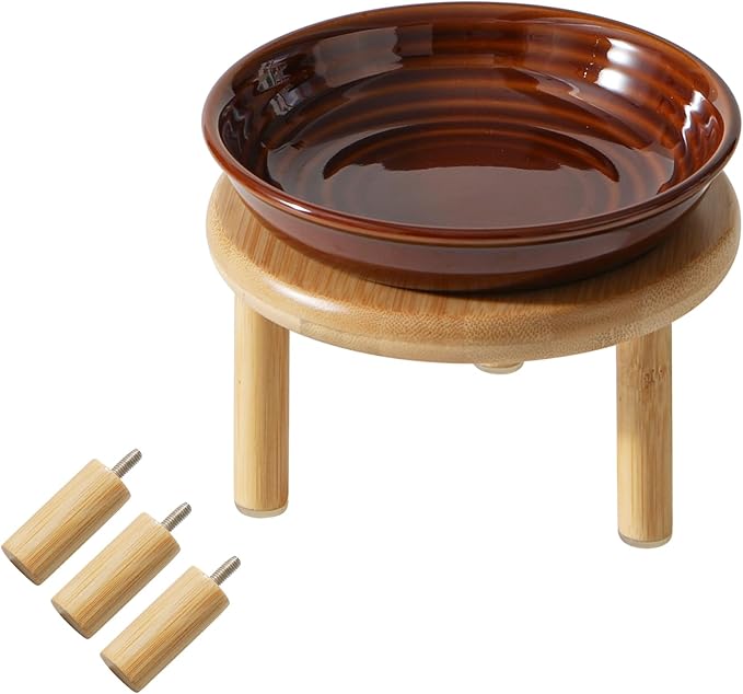 Elevated Ceramic Cat Dish, Wide Whisker Friendly Anti-Slip Food & Water Bowl with 2 Heights Adjustable Stand - Pet Bowl Set for Cats (1 Dish + 1 Stand, Caramel Brown)