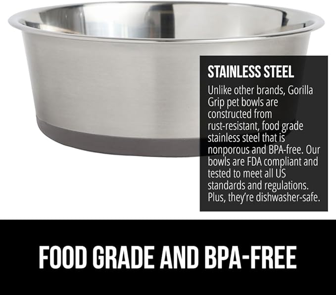 GORILLA GRIP Dog Bowl, Holds 2 Cups (16 fl oz), Heavy Duty Metal Food and Water Bowl for Feeding Dogs and Cats, Easy Clean, Dishwasher Safe, Rust Resistant Stainless Steel, BPA Free Rubber Base, Gray