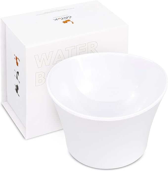 Elevated Cat Water Bowl – Shallow Raised Cat Bowl for Whisker Fatigue; Vet-Recommended Height, Food-Grade Melamine, Non-Slip & Dishwasher Safe Cats Dish - 8 oz, White
