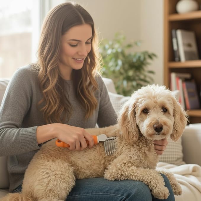 Poodle Dematting Fur Rake Comb Brush for Dogs and Cats - Long 2.5" Steel Safety Blades Metal Comb for Detangling Matted or Knotted Undercoat Hair (Orange)
