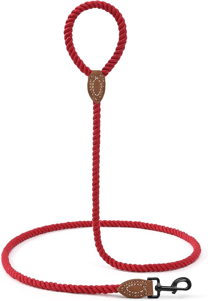 Mile High Life Braided Cotton Rope Dog Leash with Leather Tip - 6 Feet with Heavy Duty Metal Clasp - Wedding Dog Leash (Red, 72 Inches)