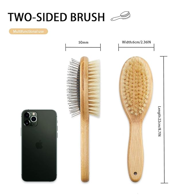 Pet Hair Brush, Double Sided Bristle and Pin Brush for Dog Grooming, Real Boar Bristle Shedding Brush with Bamboo Handle, 1 Pack, White, Oval, Detangle, All Hair Types, Hair Brush