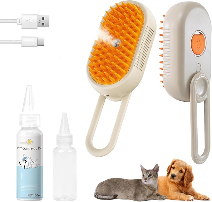 4-in1 Cat Steam Brush for Shedding & Grooming, Spray Hair Removal Comb with 1 Waterless Shampoo, Cat Brush for Massage, Pet Grooming Comb Hair Removal Tool for Cats and Dogs